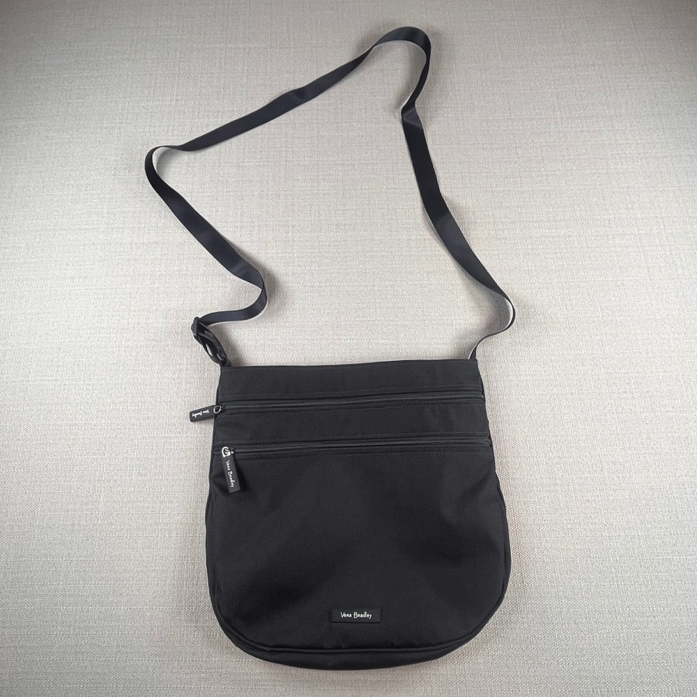 Vera Bradley Crossbody‎ Bag Womens Medium Black Canvas 3 Zip Hipster Wildflower